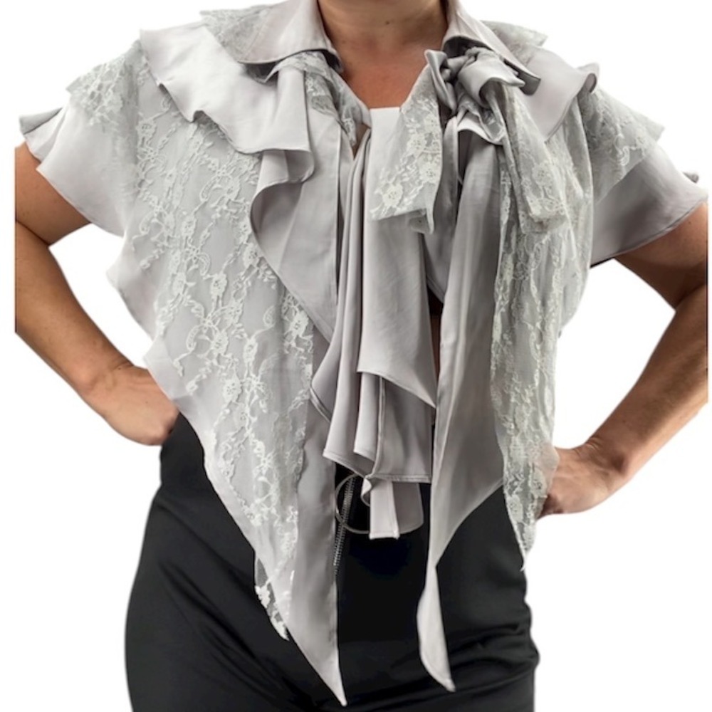 Newport News Women's‎ Gray Lace Trimmed Ruffle Tie Blouse Topper Cape Large XL